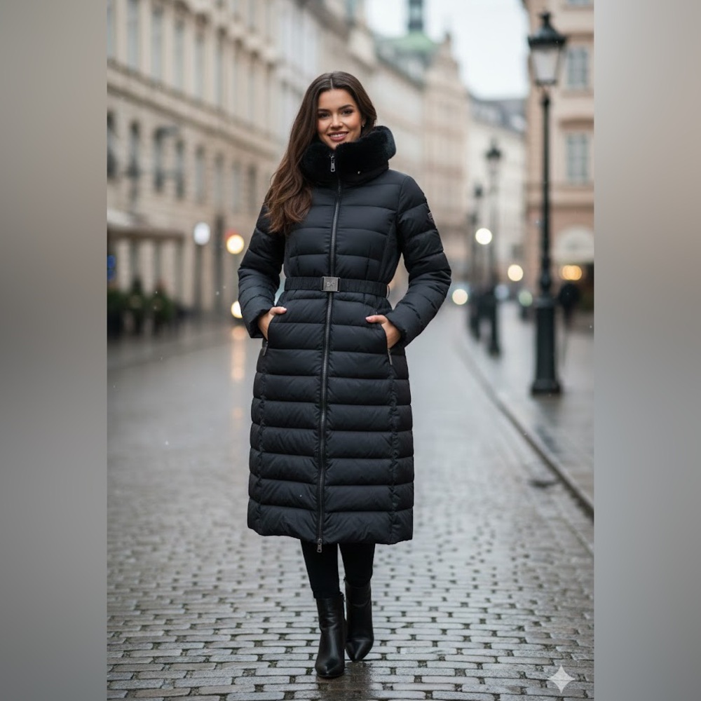 Diane Von Furstenberg black long down coat with rabbit collar size S